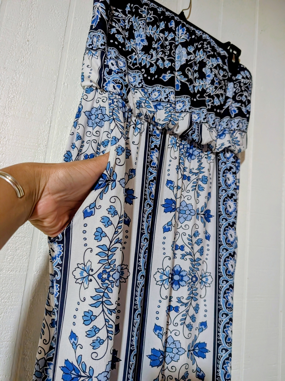 Blue and White Floral Maxi Strapless Dress- Large
